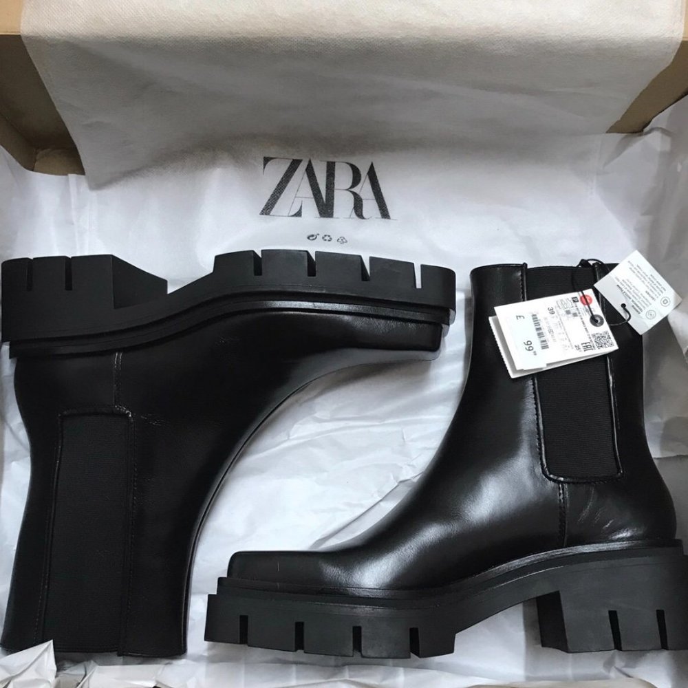 Zara Low Heel Treaded Leather Square Toe Boots